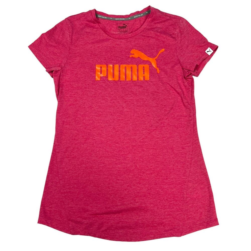 Puma T-Shirt Short Sleeve Logo Graphic Tee Crew Neck Casual Pink Orange Womens S